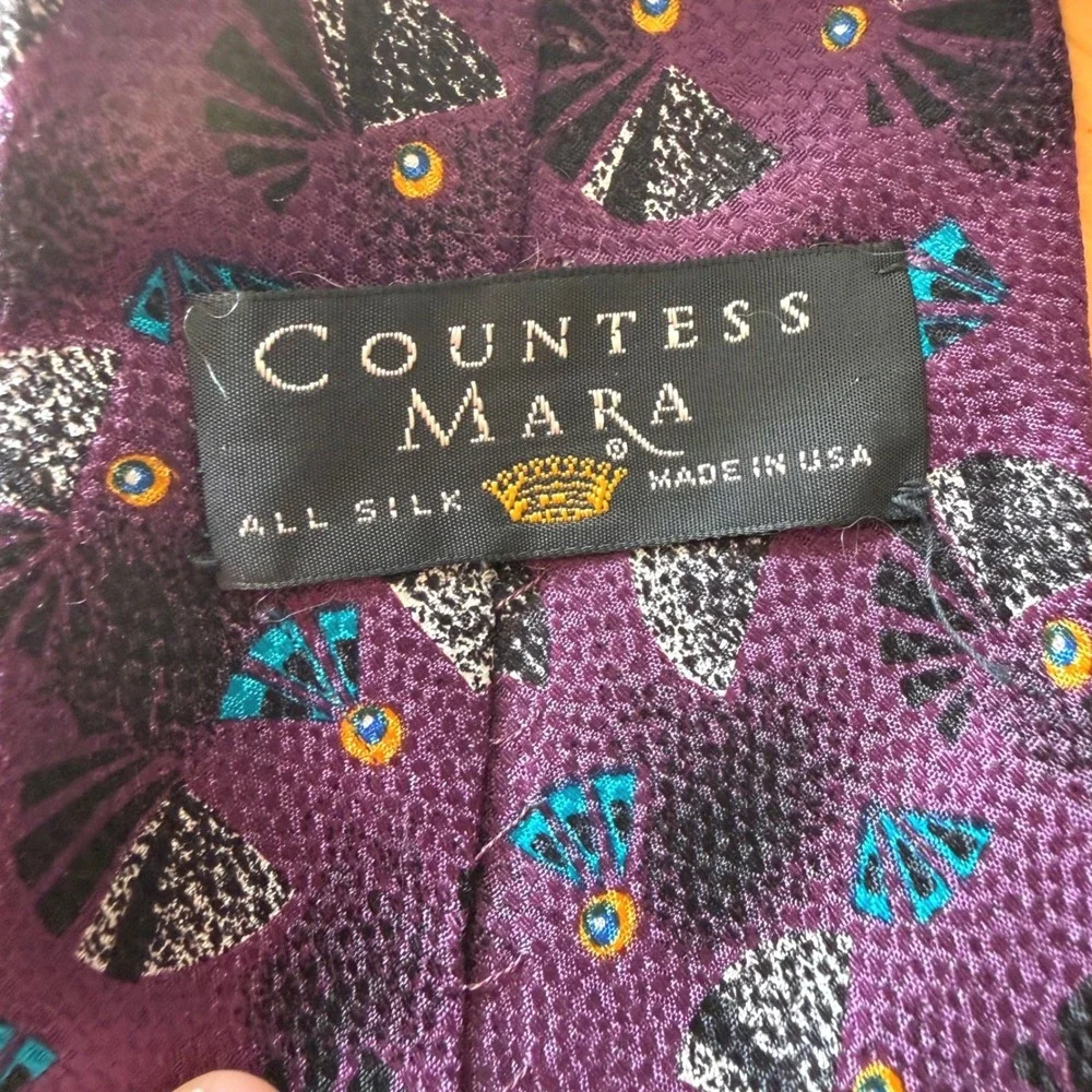 Countess Mara Purple Silk Tie Geometric Fan Jacquard Hand Tailored‎ Made in USA